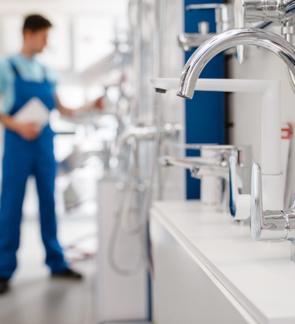 Plumber choosing faucet in plumbering store